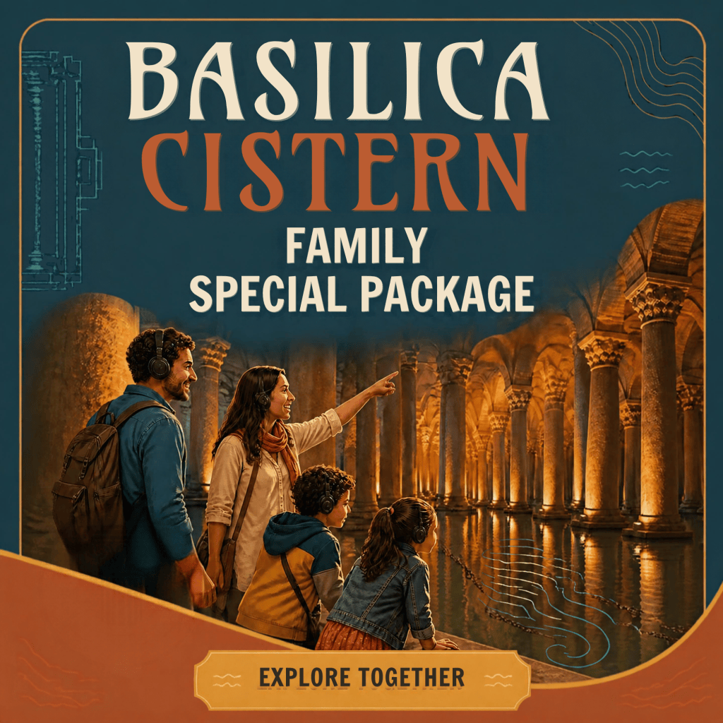 Graphic promoting a family special package for exploring the Basilica Cistern, featuring a family of four admiring the illuminated columns and water inside the cistern.