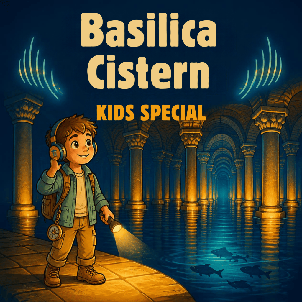 Illustration of a young boy exploring the Basilica Cistern, wearing headphones and holding a flashlight, with ancient columns reflected in the water, and the text 'Basilica Cistern KIDS SPECIAL' displayed above.